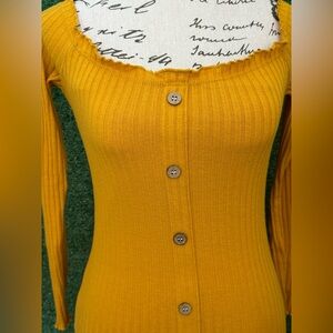 Yellow Ribbed Bodycon Dress with Scoop Neck